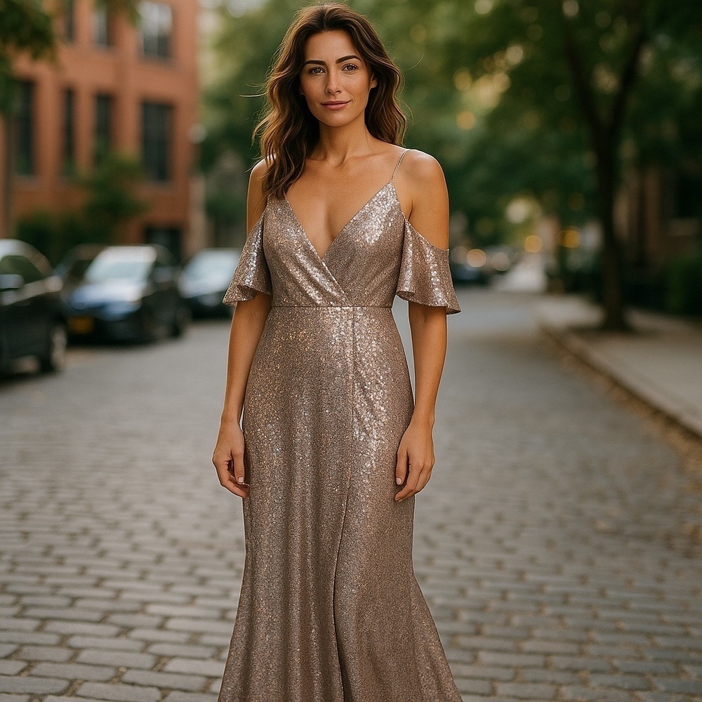 Beautiful Silver Sequined Off The Shoulder Gown